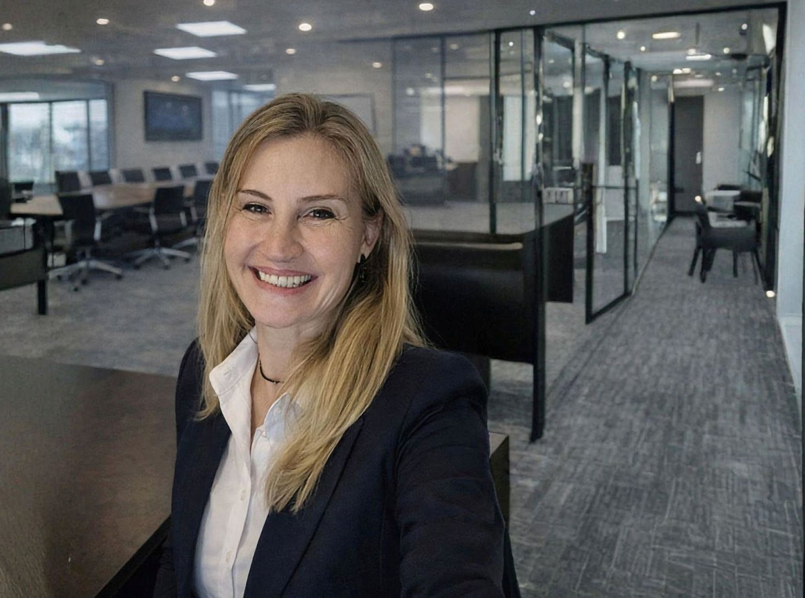 Danielle Oliveira em ambiente corporativo moderno